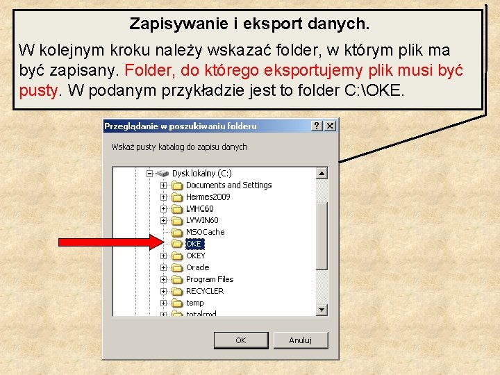 Zapisywanie i eksport danych. W kolejnym kroku należy wskazać folder, w którym plik ma