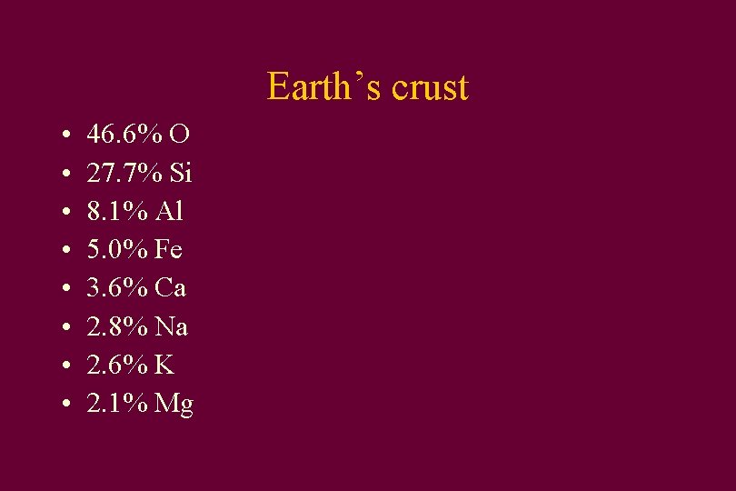 Earth’s crust • • 46. 6% O 27. 7% Si 8. 1% Al 5.