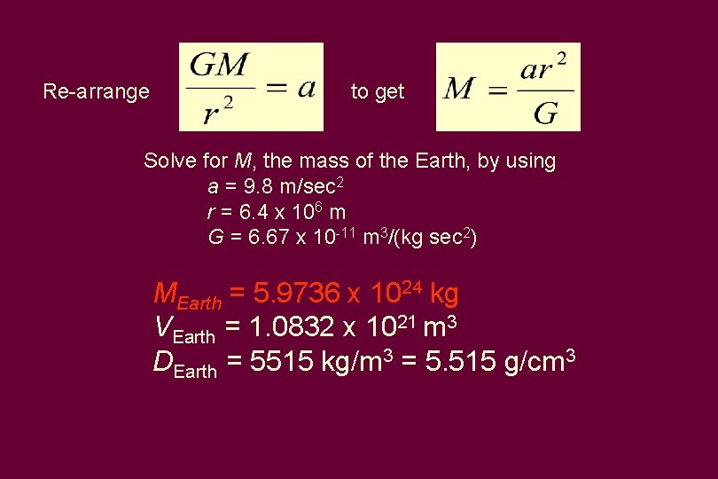 Re-arrange to get Solve for M, the mass of the Earth, by using a