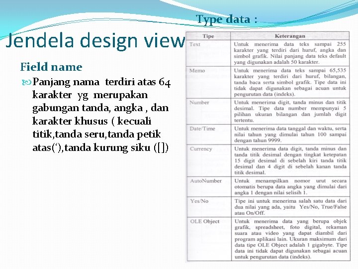 Jendela design view Field name Panjang nama terdiri atas 64 karakter yg merupakan gabungan