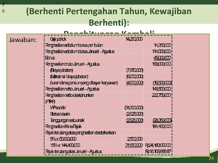 7 6 Ilustrasi (Berhenti Pertengahan Tahun, Kewajiban Berhenti): Penghitungan Kembali Jawaban: 76 