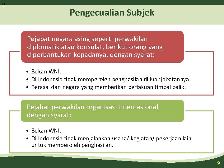 9 Pengecualian Subjek Pejabat negara asing seperti perwakilan diplomatik atau konsulat, berikut orang yang