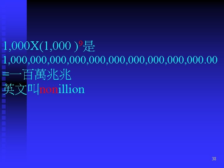 1, 000 X(1, 000 )9是 1, 000, 000, 000. 00 =一百萬兆兆 英文叫nonillion 38 