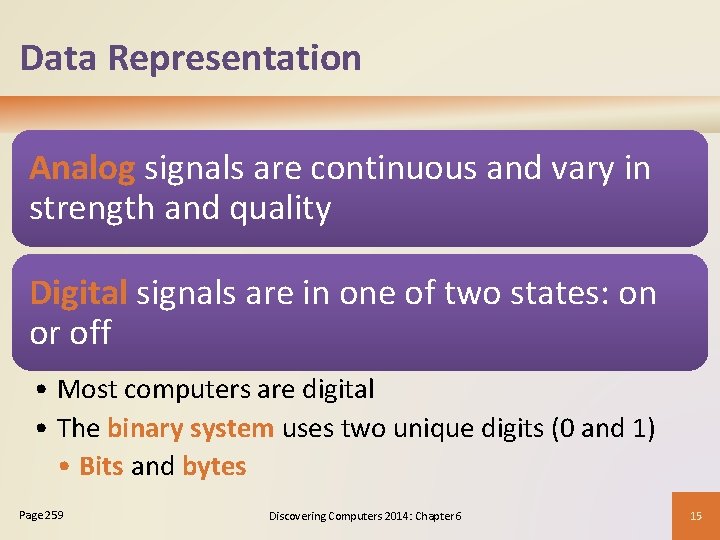 Data Representation Analog signals are continuous and vary in strength and quality Digital signals