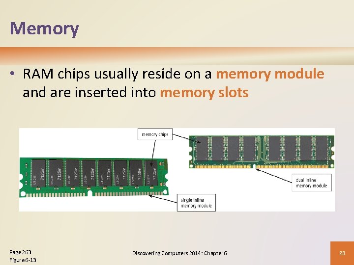 Memory • RAM chips usually reside on a memory module and are inserted into