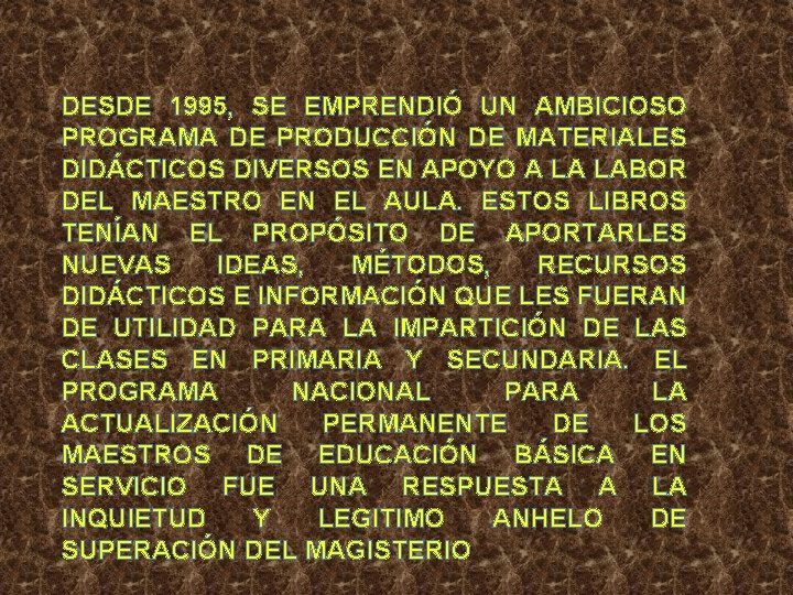 DESDE 1995, SE EMPRENDIÓ UN AMBICIOSO PROGRAMA DE PRODUCCIÓN DE MATERIALES DIDÁCTICOS DIVERSOS EN