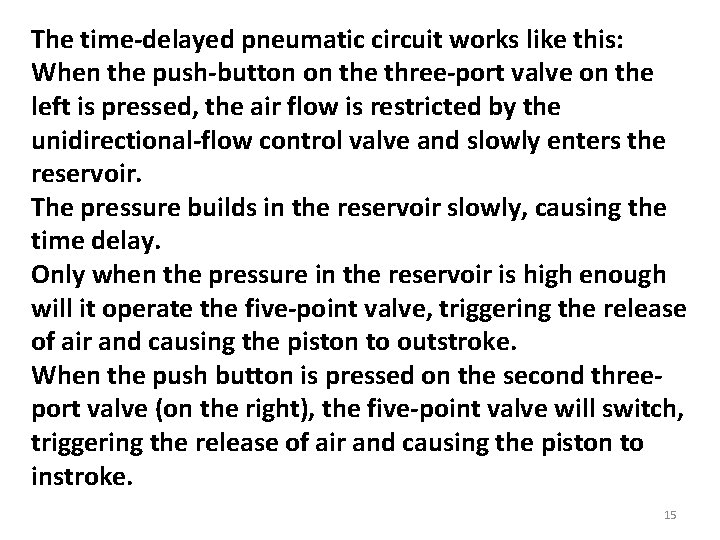 The time-delayed pneumatic circuit works like this: When the push-button on the three-port valve