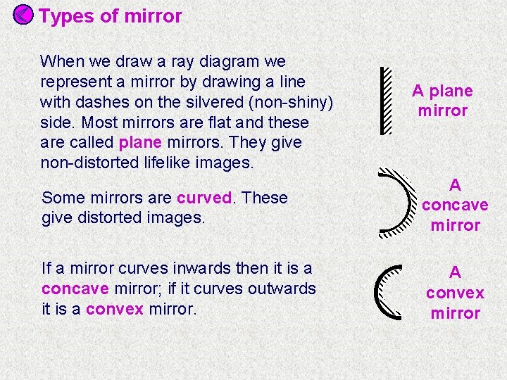 Types of mirror When we draw a ray diagram we represent a mirror by