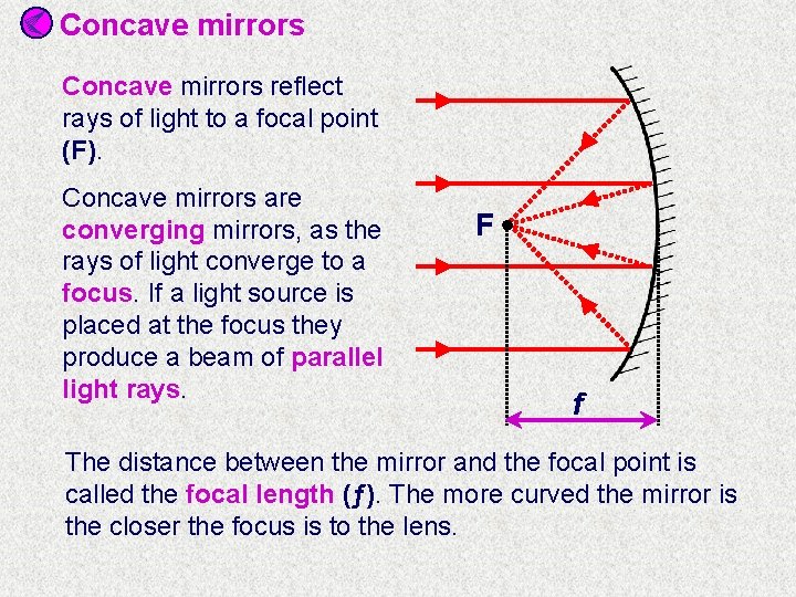 Concave mirrors reflect rays of light to a focal point (F). Concave mirrors are