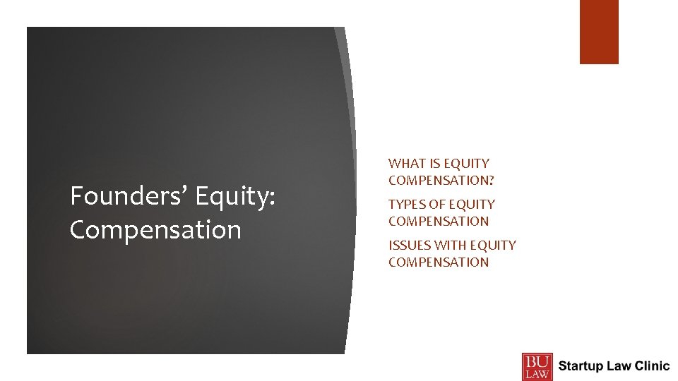 Founders’ Equity: Compensation WHAT IS EQUITY COMPENSATION? TYPES OF EQUITY COMPENSATION ISSUES WITH EQUITY
