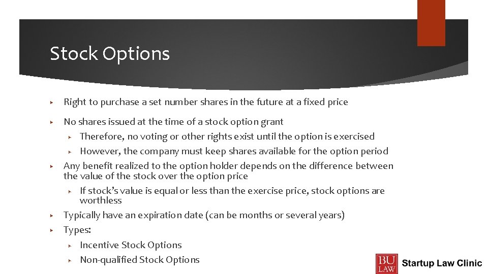 Stock Options ▶ ▶ ▶ Right to purchase a set number shares in the