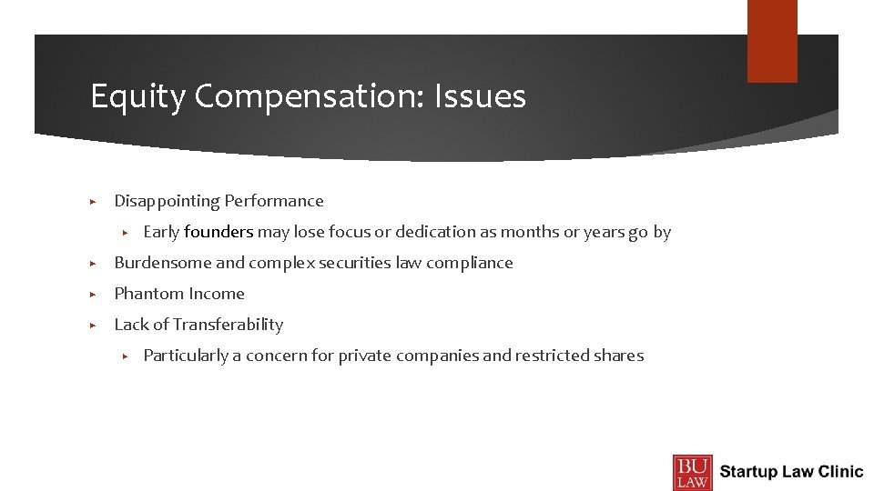 Equity Compensation: Issues ▶ Disappointing Performance ▶ Early founders may lose focus or dedication