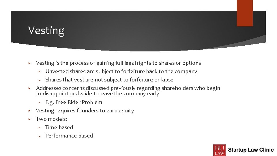 Vesting ▶ ▶ Vesting is the process of gaining full legal rights to shares