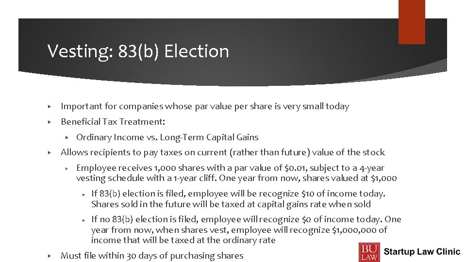 Vesting: 83(b) Election ▶ Important for companies whose par value per share is very