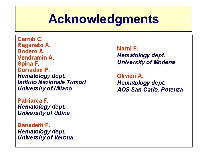 Acknowledgments Carniti C. Raganato A. Dodero A. Vendramin A. Spina F. Corradini P. Hematology