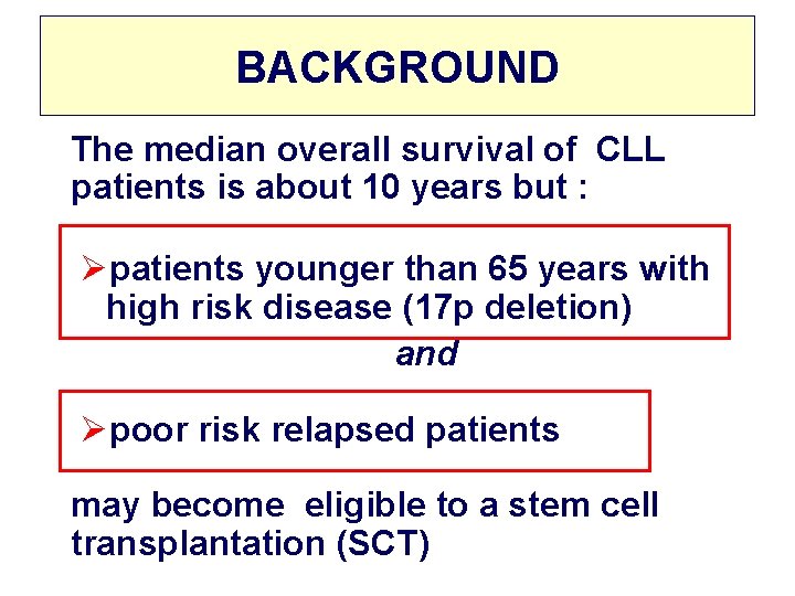 BACKGROUND The median overall survival of CLL patients is about 10 years but :