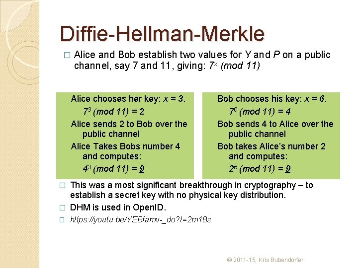 Diffie-Hellman-Merkle � Alice and Bob establish two values for Y and P on a