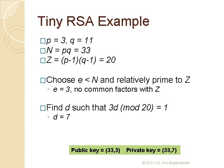 Tiny RSA Example �p = 3, q = 11 �N = pq = 33