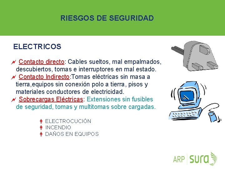 RIESGOS DE SEGURIDAD ELECTRICOS ~ Contacto directo: Cables sueltos, mal empalmados, descubiertos, tomas e