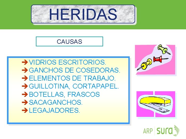 HERIDAS CAUSAS è VIDRIOS ESCRITORIOS. è GANCHOS DE COSEDORAS. è ELEMENTOS DE TRABAJO. è