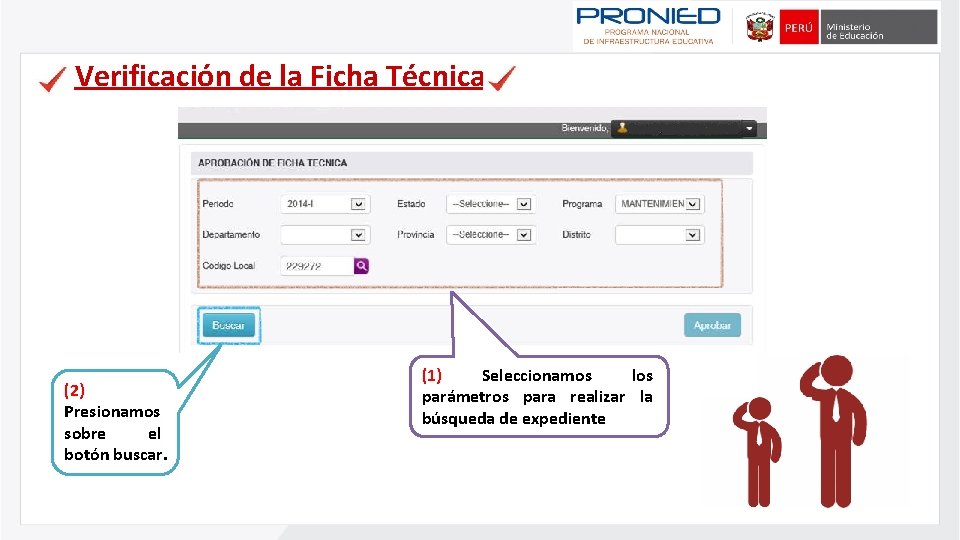 Verificación de la Ficha Técnica (2) Presionamos sobre el botón buscar. (1) Seleccionamos los