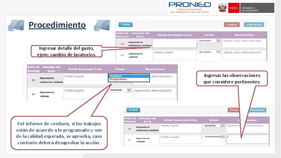 Procedimiento Ingresar detalle del gasto, ejem: cambio de lavatorios. Ingresar las observaciones que considere