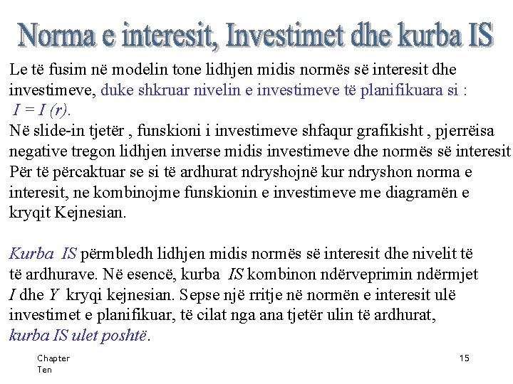 Le të fusim në modelin tone lidhjen midis normës së interesit dhe investimeve, duke