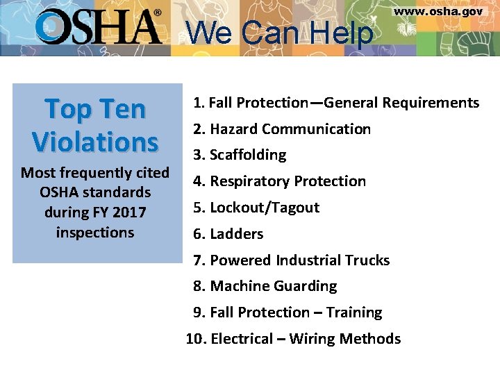 We Can Help Top Ten Violations Most frequently cited OSHA standards during FY 2017