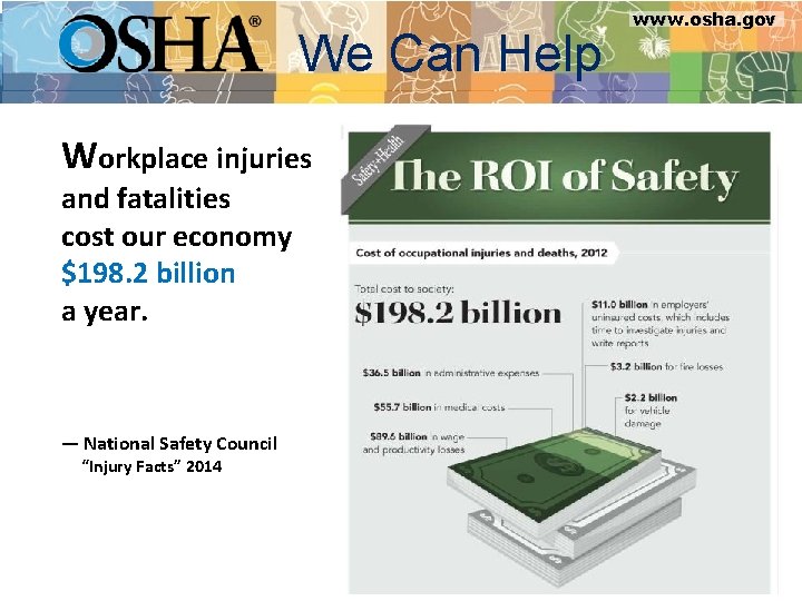 www. osha. gov We Can Help Workplace injuries and fatalities cost our economy $198.