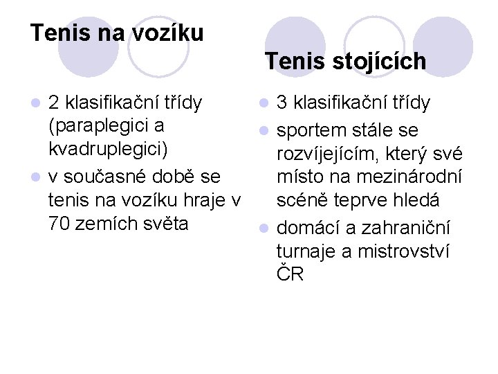 Tenis na vozíku Tenis stojících 2 klasifikační třídy l 3 klasifikační třídy (paraplegici a