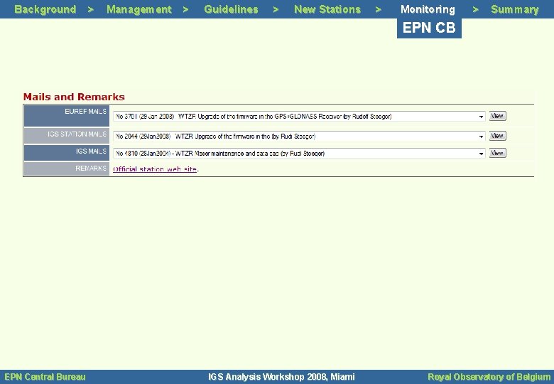 Background > Management > Guidelines > New Stations > Monitoring > Summary EPN CB