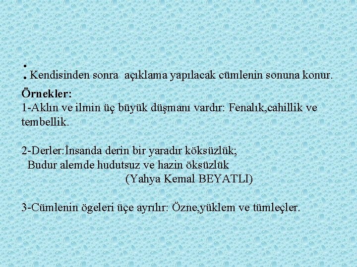 : Kendisinden sonra açıklama yapılacak cümlenin sonuna konur. Örnekler: 1 -Aklın ve ilmin üç