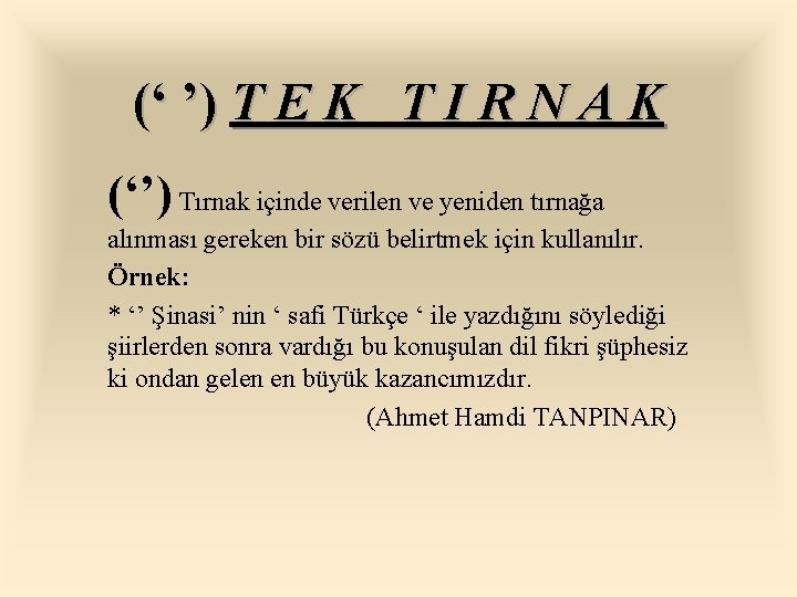 (‘ ’) T E K T I R N A K (‘’) Tırnak içinde