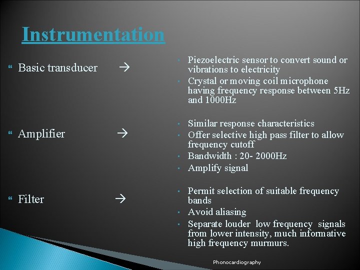 Instrumentation Basic transducer • • Amplifier • • Filter • • • Piezoelectric sensor