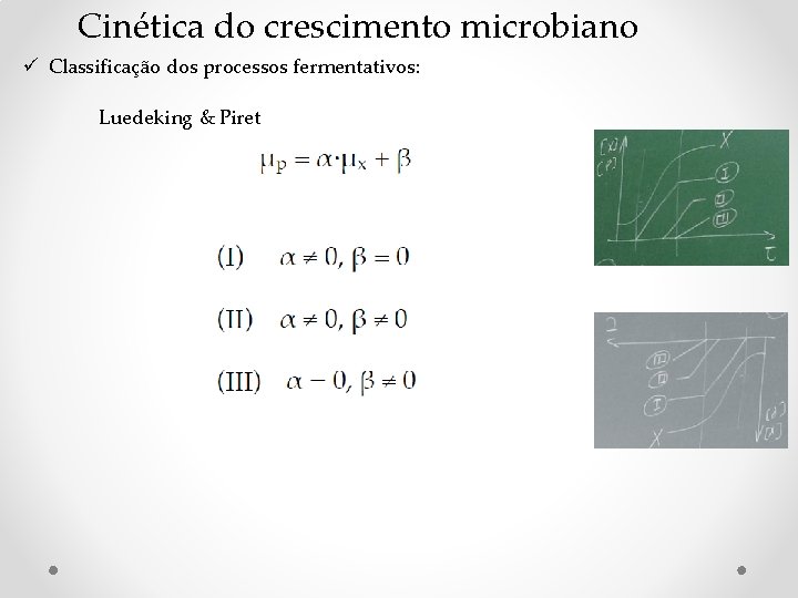 Cinética do crescimento microbiano ü Classificação dos processos fermentativos: Luedeking & Piret Cinética do crescimento microbiano ü Classificação dos processos fermentativos: Luedeking & Piret