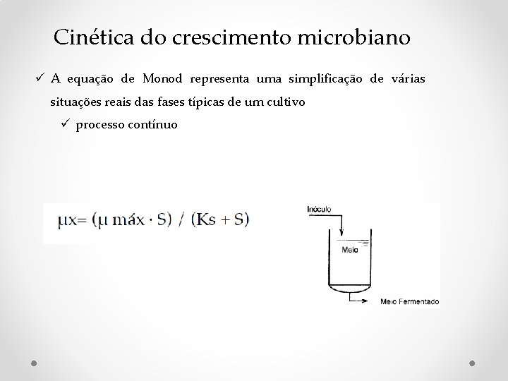 Cinética do crescimento microbiano ü A equação de Monod representa uma simplificação de várias Cinética do crescimento microbiano ü A equação de Monod representa uma simplificação de várias
