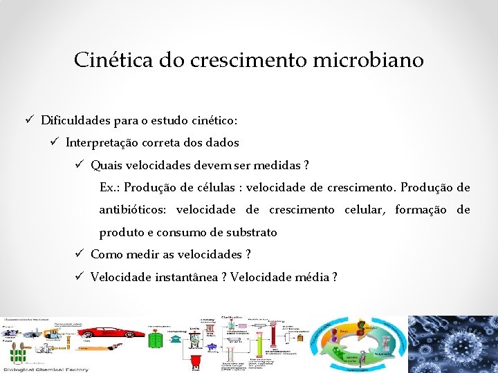 Cinética do crescimento microbiano ü Dificuldades para o estudo cinético: ü Interpretação correta dos Cinética do crescimento microbiano ü Dificuldades para o estudo cinético: ü Interpretação correta dos
