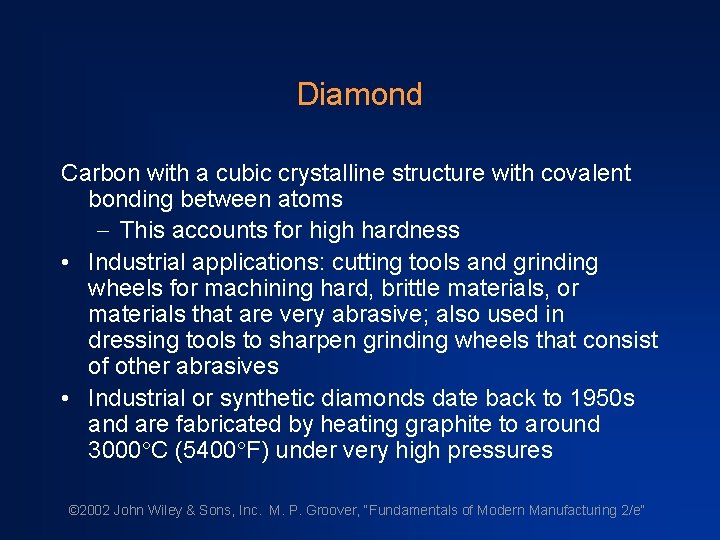 Diamond Carbon with a cubic crystalline structure with covalent bonding between atoms - This