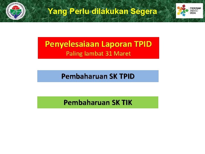 Yang Perlu dilakukan Segera Penyelesaiaan Laporan TPID Paling lambat 31 Maret Pembaharuan SK TPID