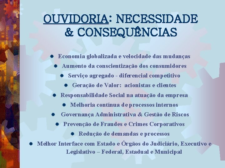 OUVIDORIA: NECESSIDADE & CONSEQUÊNCIAS Economia globalizada e velocidade das mudanças ® Aumento da conscientização