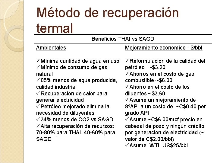 Método de recuperación termal Beneficios THAI vs SAGD Ambientales Mejoramiento económico - $/bbl üMínima
