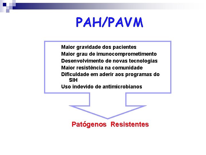 PAH/PAVM Maior gravidade dos pacientes Maior grau de imunocomprometimento Desenvolvimento de novas tecnologias Maior