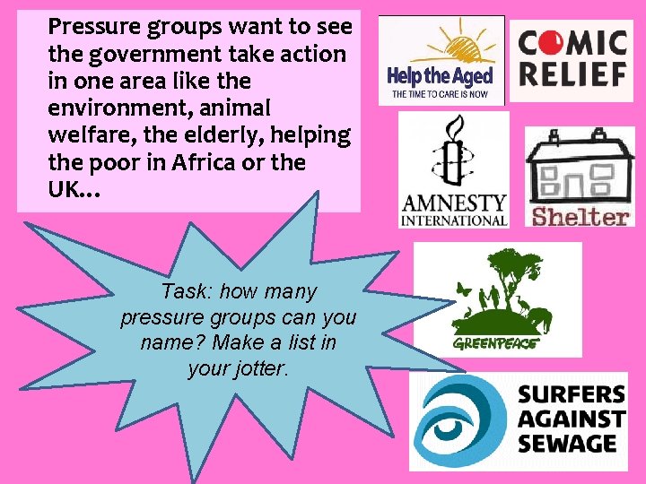 Pressure groups want to see the government take action in one area like the