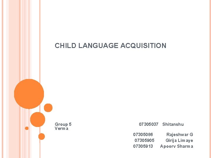 CHILD LANGUAGE ACQUISITION Group 5 Verma 07305037 Shitanshu 07305086 07305905 07305913 Rajeshwar G Girija