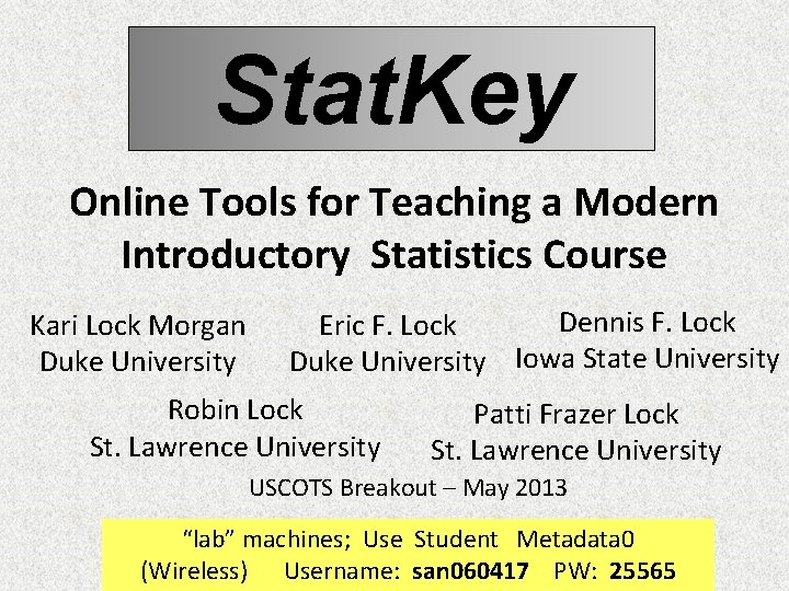 Stat. Key Online Tools for Teaching a Modern Introductory Statistics Course Kari Lock Morgan