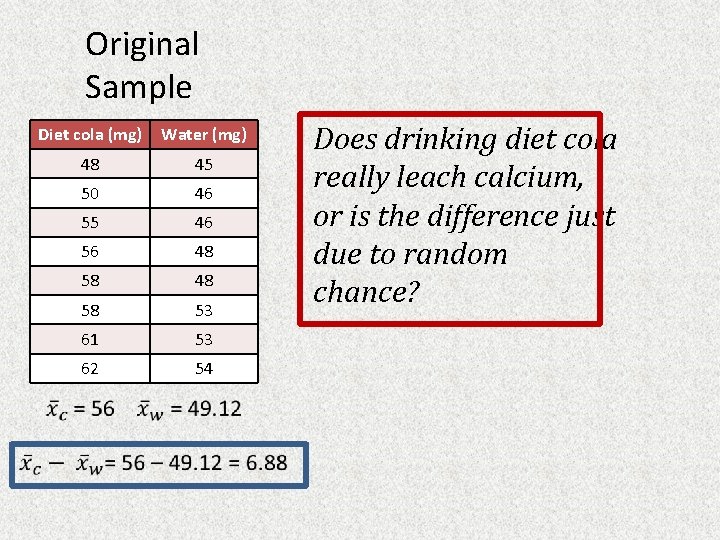 Original Sample Diet cola (mg) Water (mg) 48 45 50 46 55 46 56