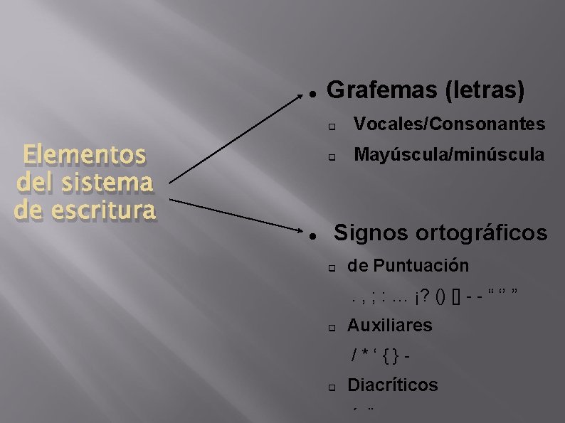  Elementos del sistema de escritura Grafemas (letras) q Vocales/Consonantes q Mayúscula/minúscula Signos ortográficos