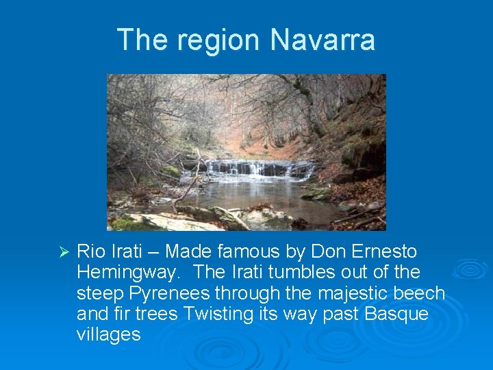 The region Navarra Ø Rio Irati – Made famous by Don Ernesto Hemingway. The