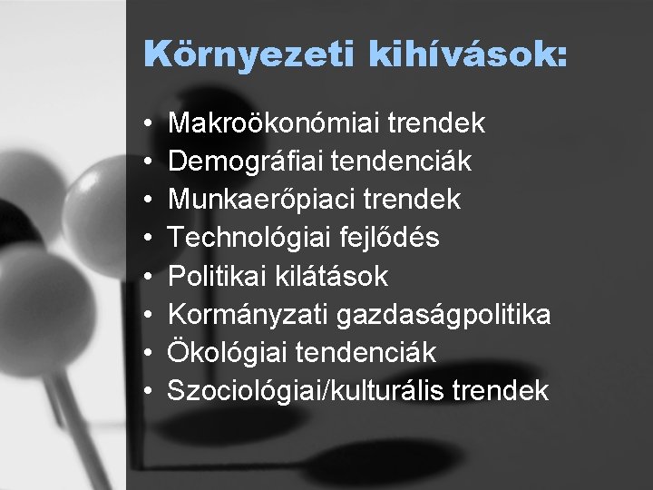 Környezeti kihívások: • • Makroökonómiai trendek Demográfiai tendenciák Munkaerőpiaci trendek Technológiai fejlődés Politikai kilátások