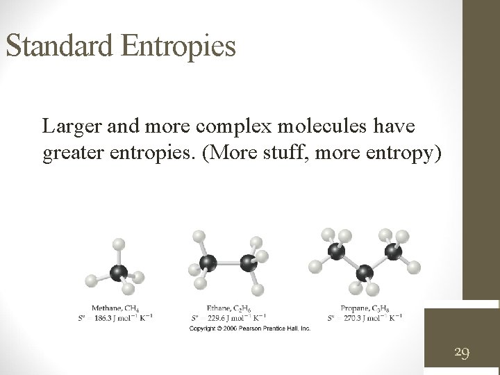 Standard Entropies Larger and more complex molecules have greater entropies. (More stuff, more entropy)